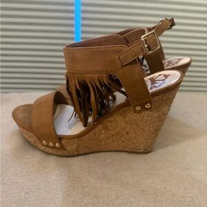 Fergalicious Tan Fringe Suede Wedge Sandals